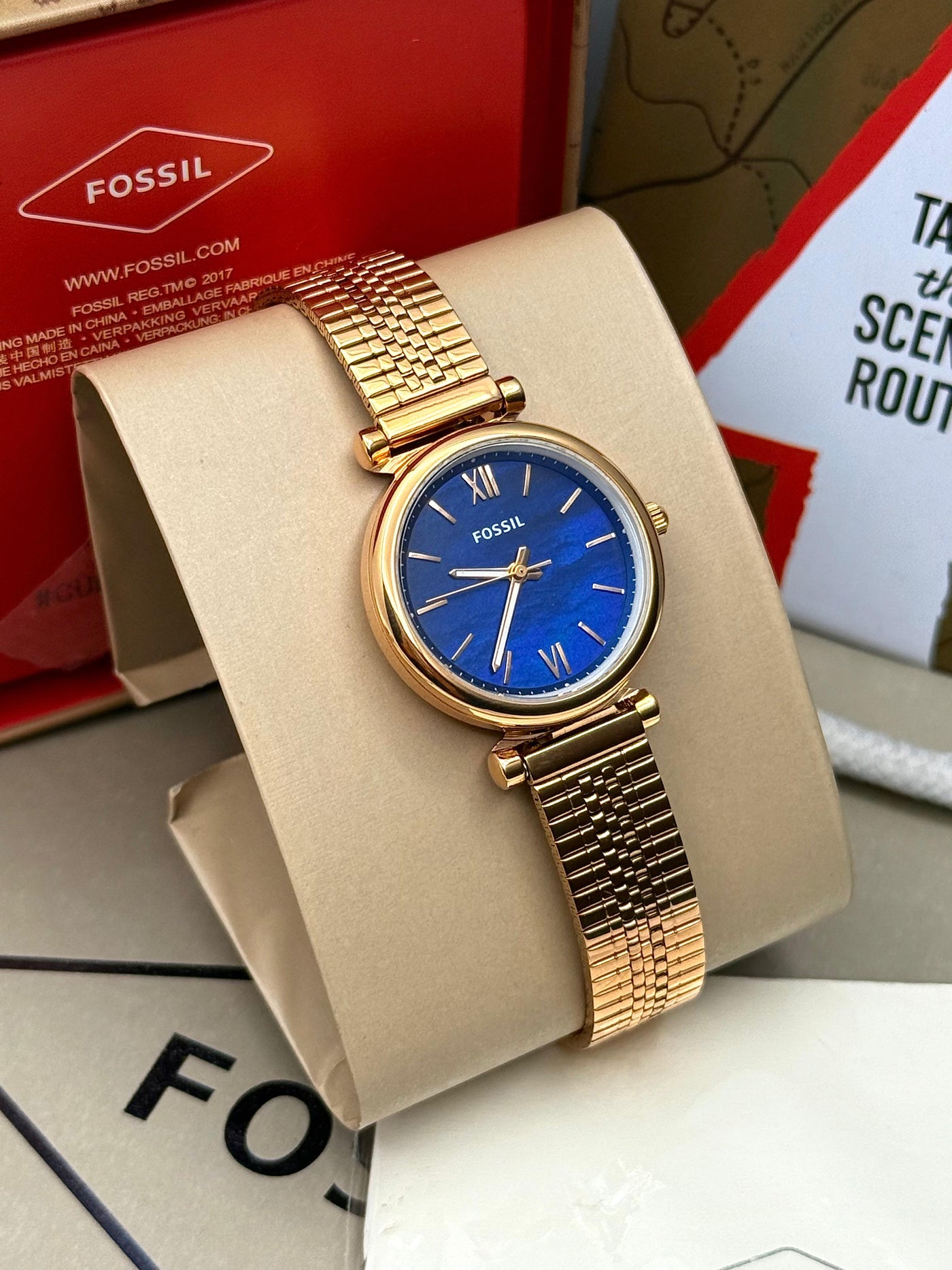 🧡💙  Fossil Carlie Rose Gold Stainless Steel Blue Dial Ladies Quartz Watch