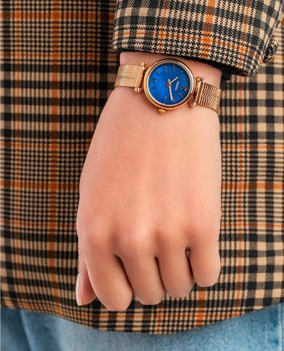 🧡💙  Fossil Carlie Rose Gold Stainless Steel Blue Dial Ladies Quartz Watch