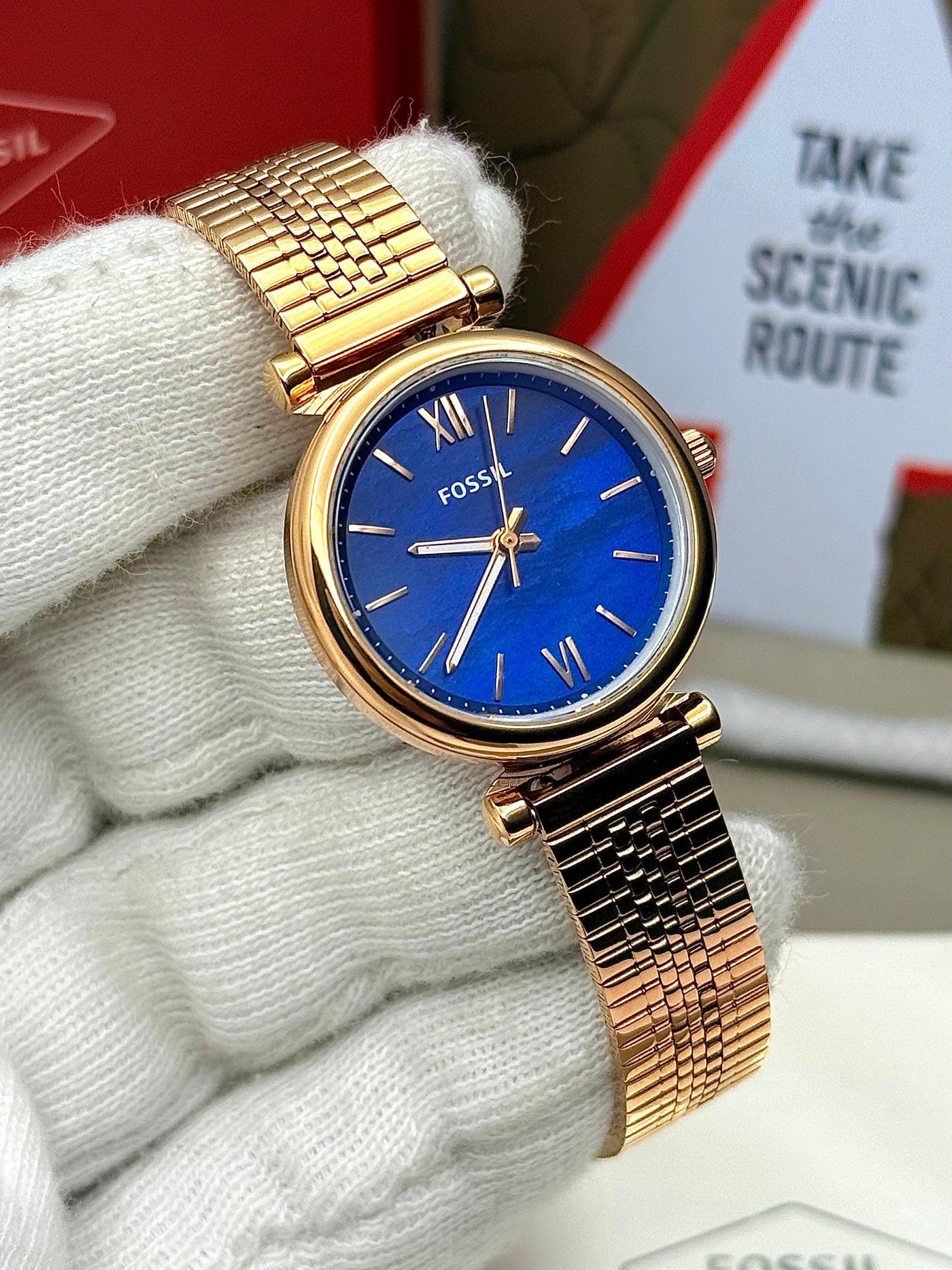 🧡💙  Fossil Carlie Rose Gold Stainless Steel Blue Dial Ladies Quartz Watch