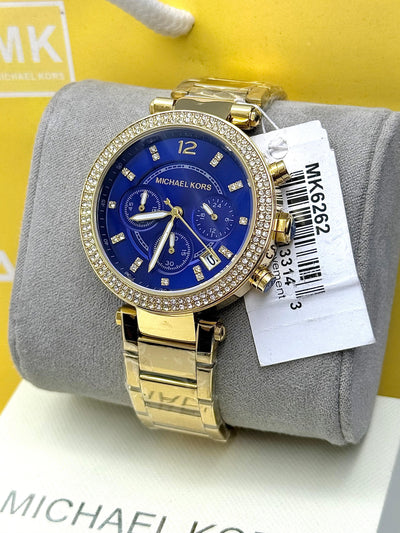 💙💛 Michael Kors Parker Chronograph Blue Dial Gold Women's Watch