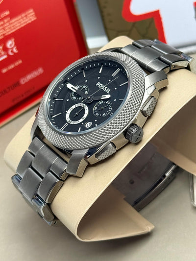 ⬛🔳 Fossil Machine Silver Stainless Steel Black Dial Quartz Watch for Gents