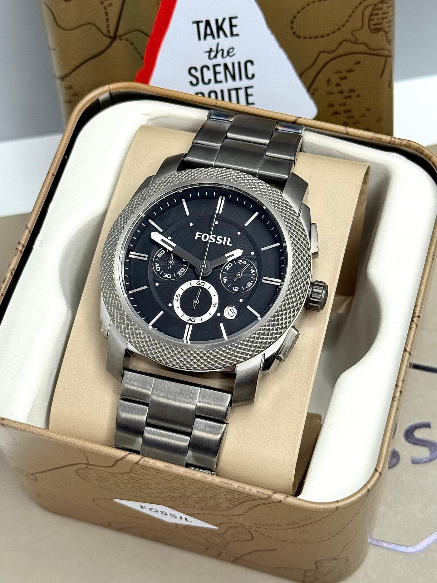 ⬛🔳 Fossil Machine Silver Stainless Steel Black Dial Quartz Watch for Gents