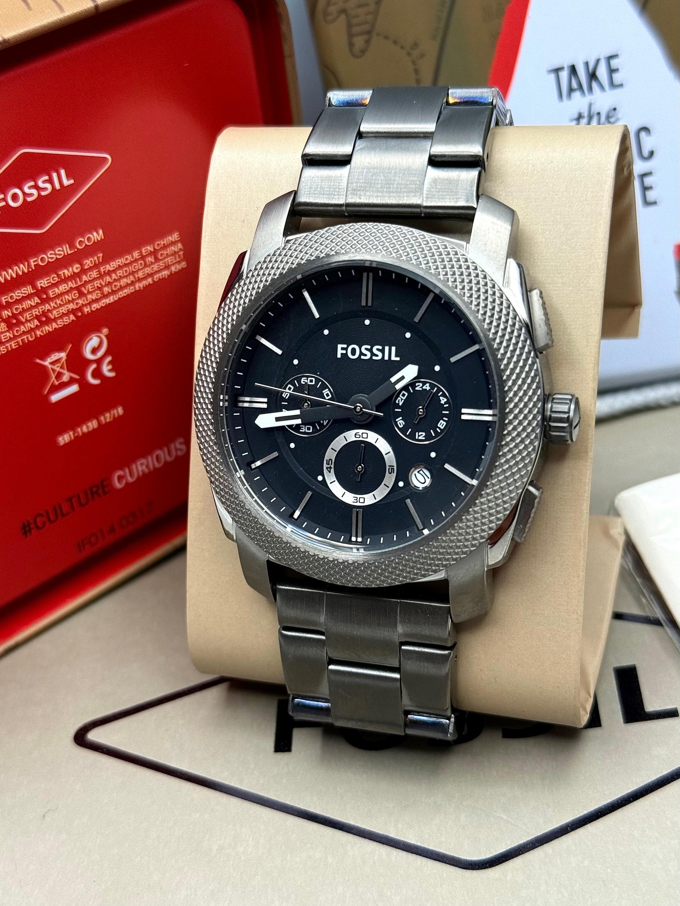 ⬛🔳 Fossil Machine Silver Stainless Steel Black Dial Quartz Watch for Gents
