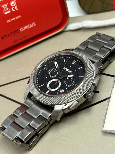⬛🔳 Fossil Machine Silver Stainless Steel Black Dial Quartz Watch for Gents