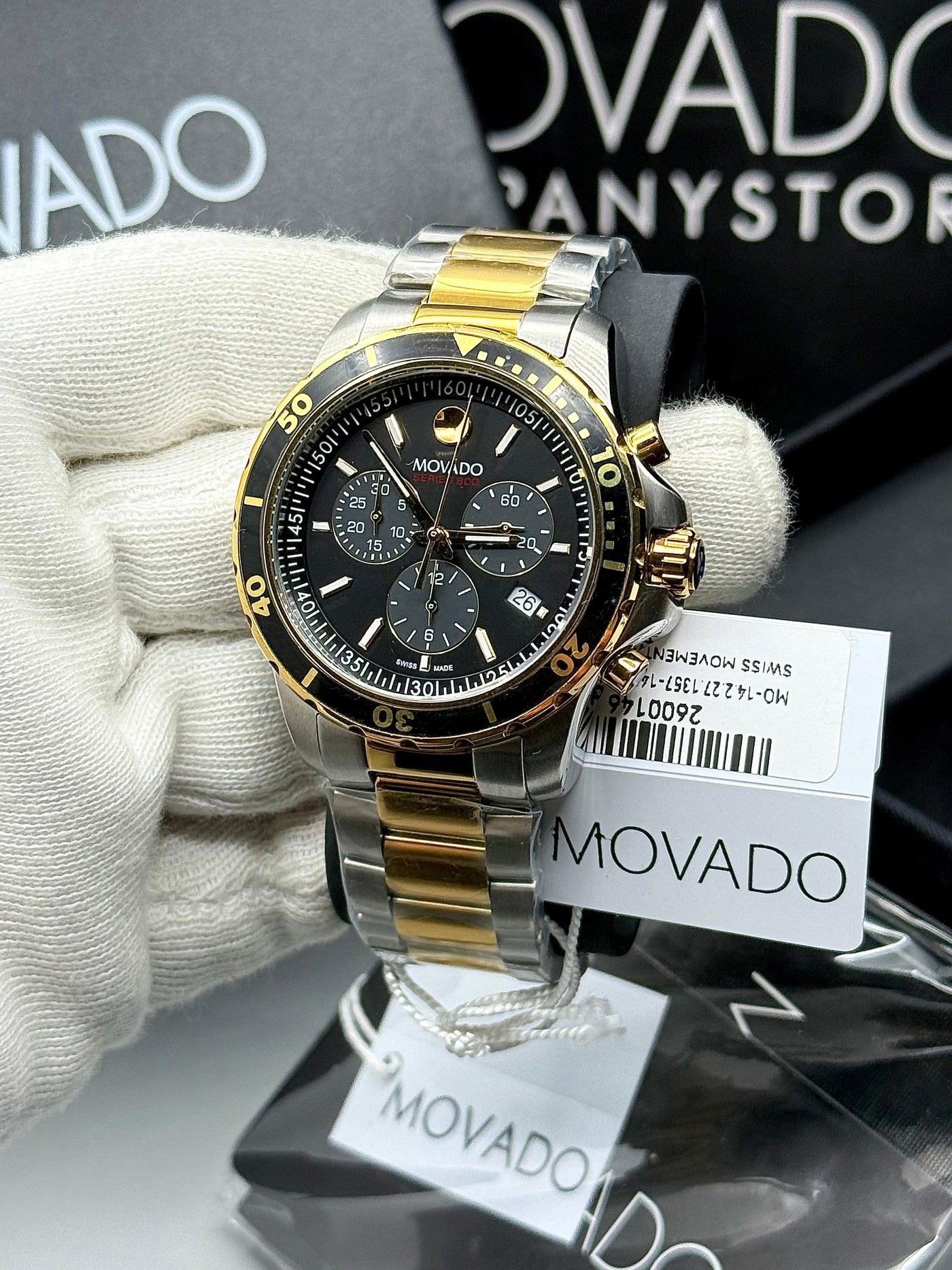 ⬛🟨Movado Series 800 Yellow Gold PVD-Finished Case, Black Chronograph Dial Men's Watch