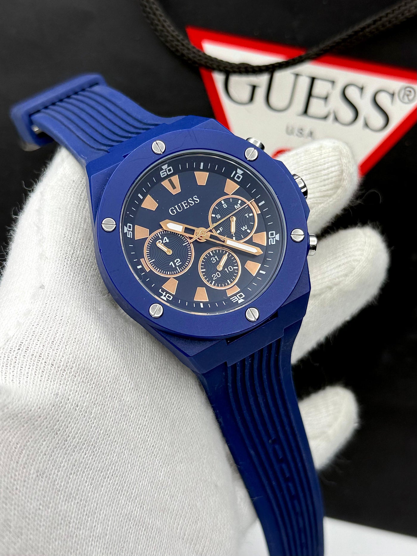 🟦🟧 Guess Blue Case Silicone Watch for Men's