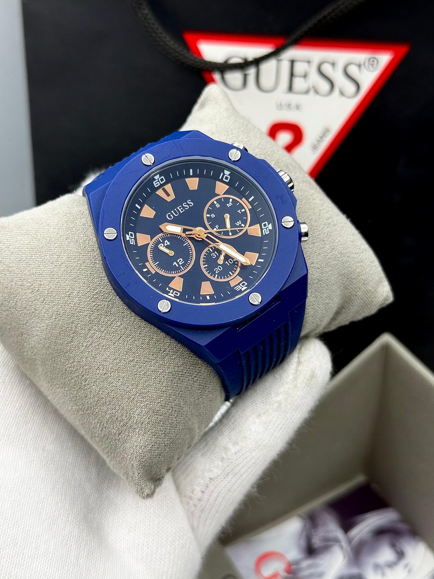 🟦🟧 Guess Blue Case Silicone Watch for Men's