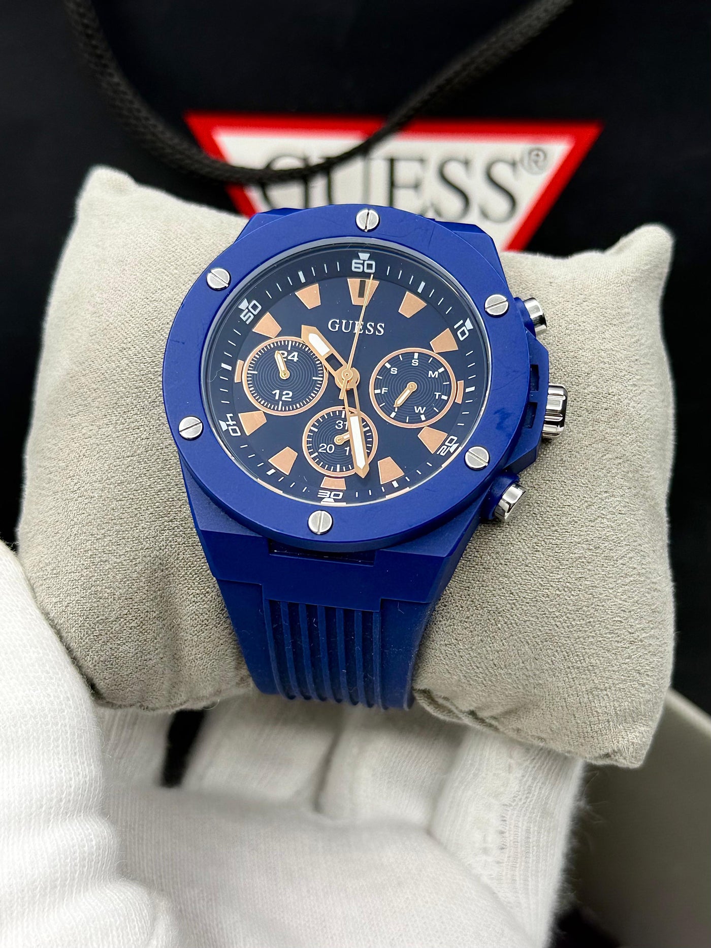 🟦🟧 Guess Blue Case Silicone Watch for Men's