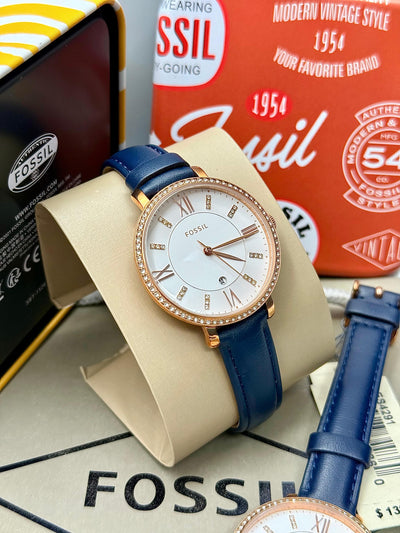 💙 Fossil Jacqueline Three-Hand Date Navy Leather Watch