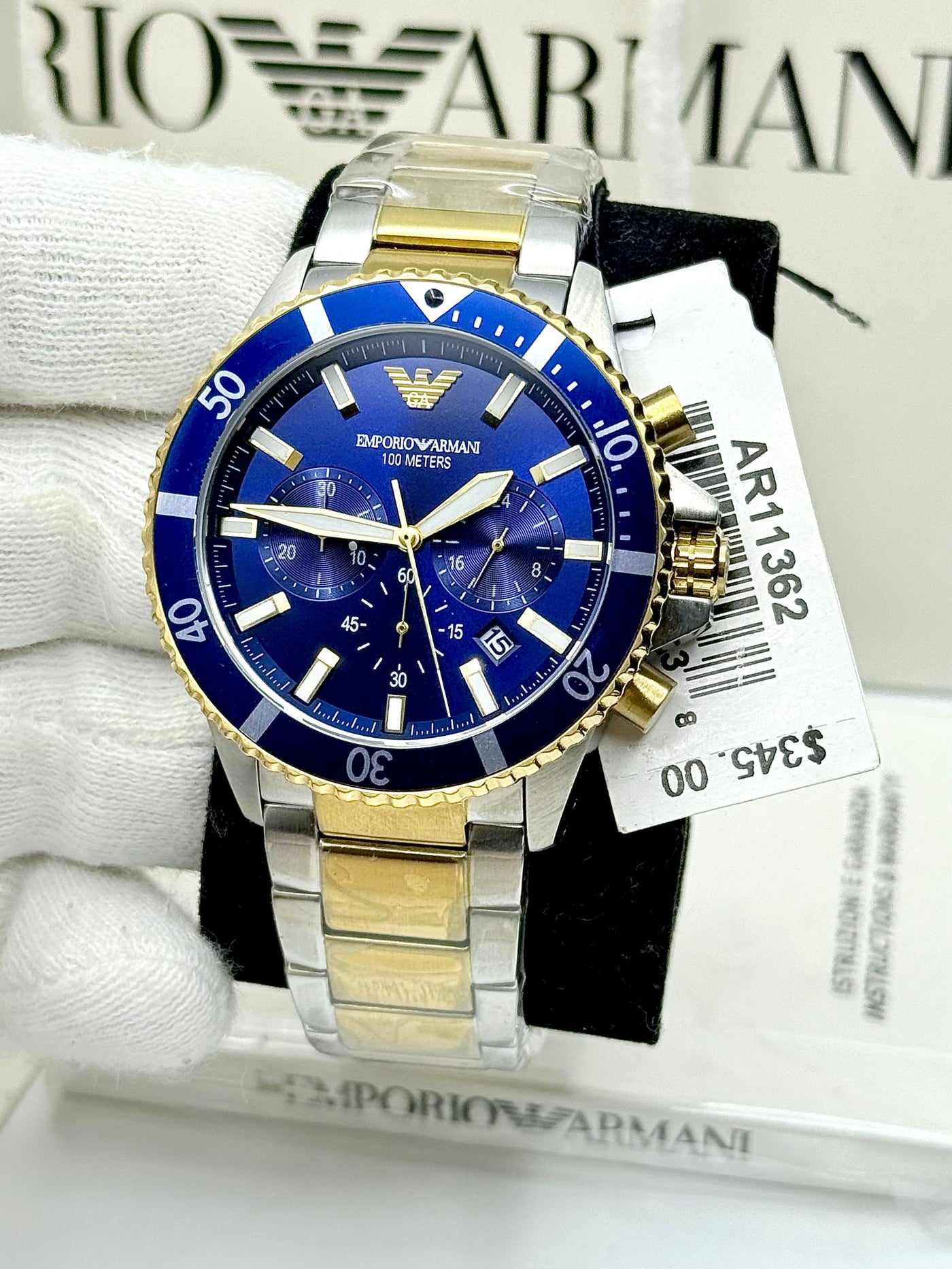 🟦🟨 Emporio ARMANI DIVER Blue Dial/ Two Tone Men’s Quartz Stainless Steel Watch