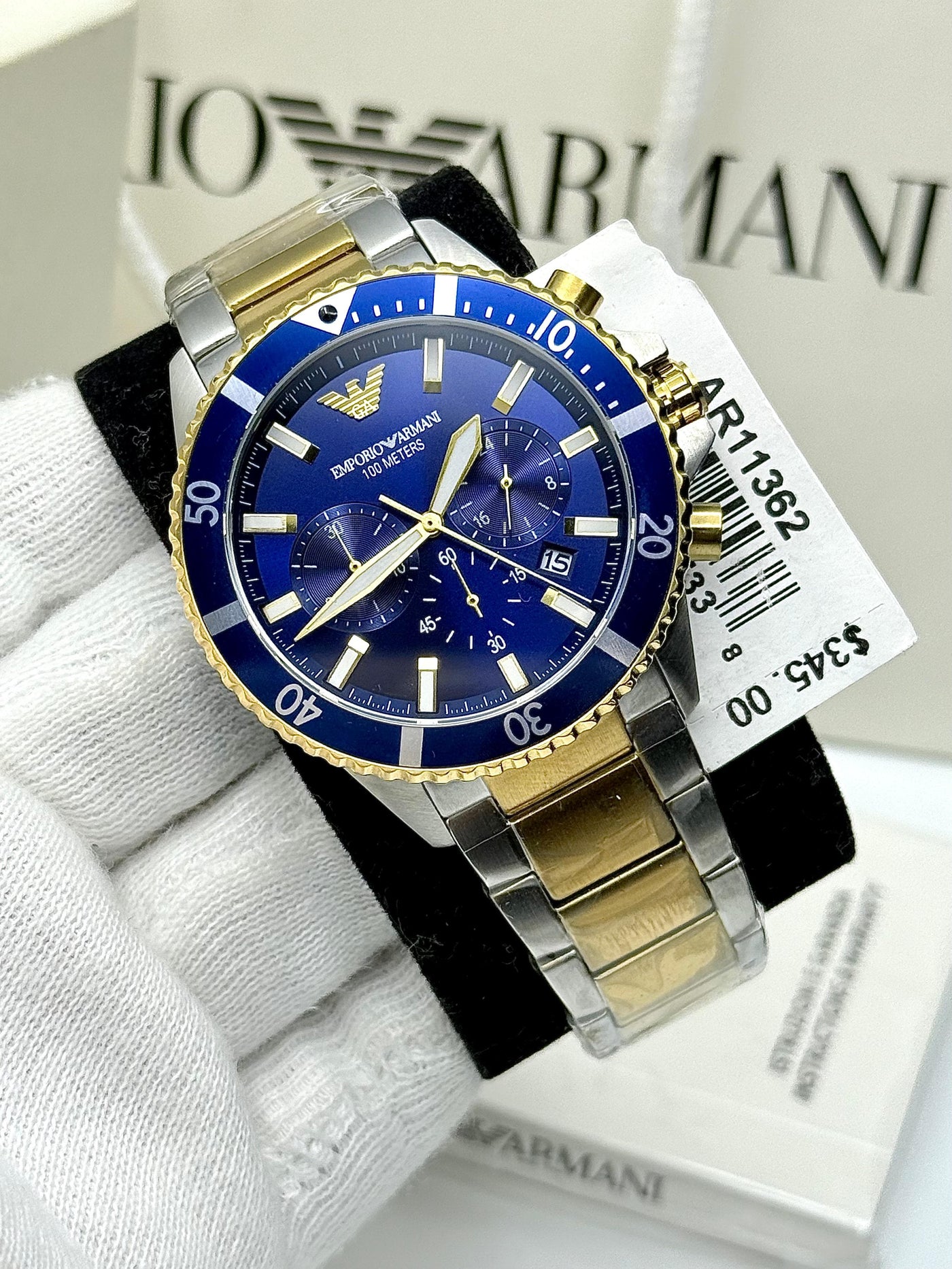 🟦🟨 Emporio ARMANI DIVER Blue Dial/ Two Tone Men’s Quartz Stainless Steel Watch