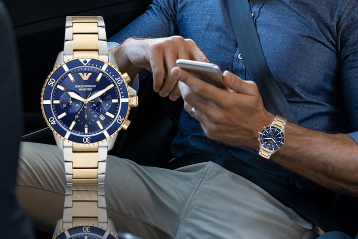 🟦🟨 Emporio ARMANI DIVER Blue Dial/ Two Tone Men’s Quartz Stainless Steel Watch
