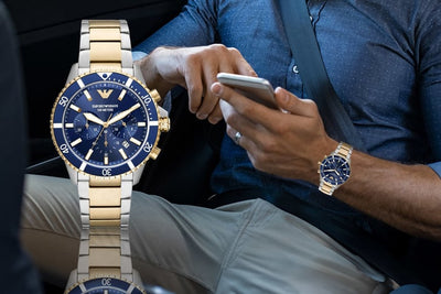 🟦🟨 Emporio ARMANI DIVER Blue Dial/ Two Tone Men’s Quartz Stainless Steel Watch
