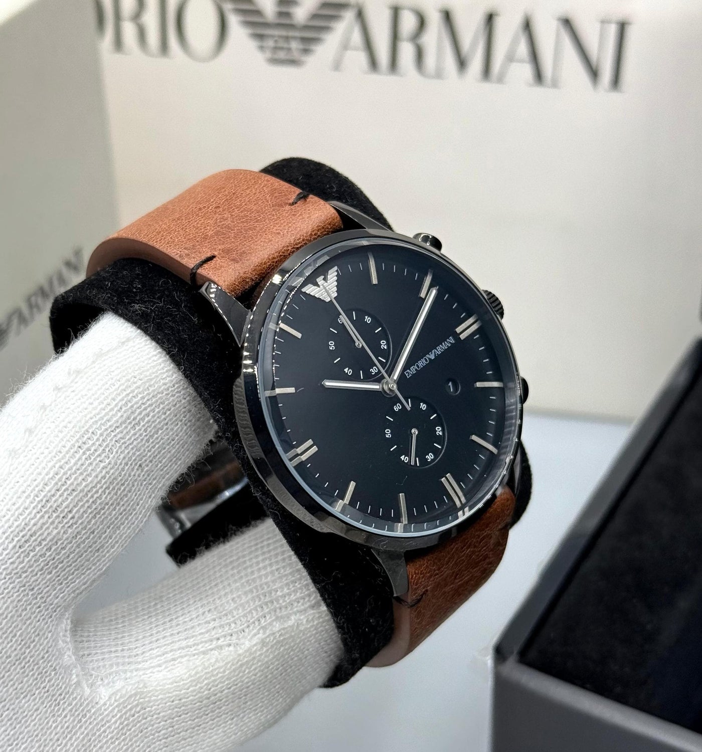 🟫⬛ Emporio Armani Black Dial Black Stainless Steel Chronograph Watch For Gents - AR1934