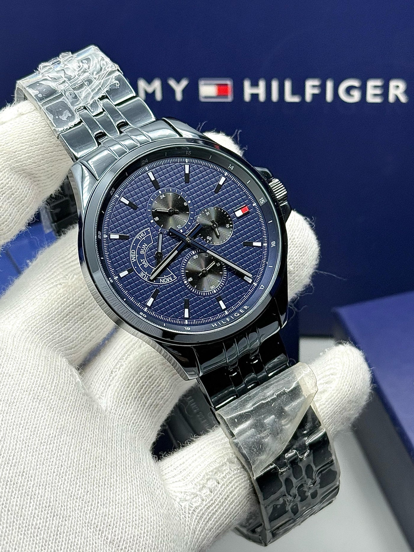 🟥🟦 Tommy Hilfiger Shawn Blue Stainless Steel Blue Dial Quartz Watch for Gents