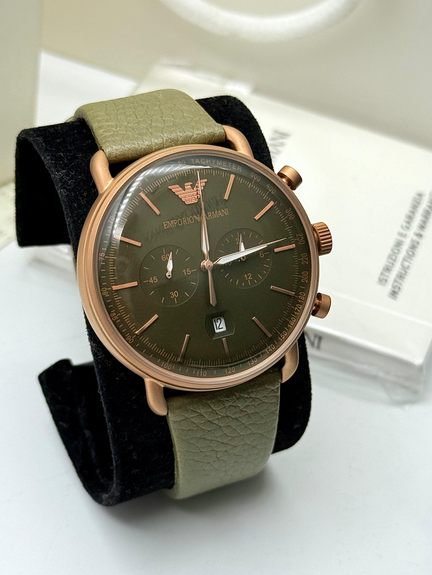 🟩🟧 Emporio Armani AR11421 Men’s Quartz Leather Strap OLIVE GREEN Watch