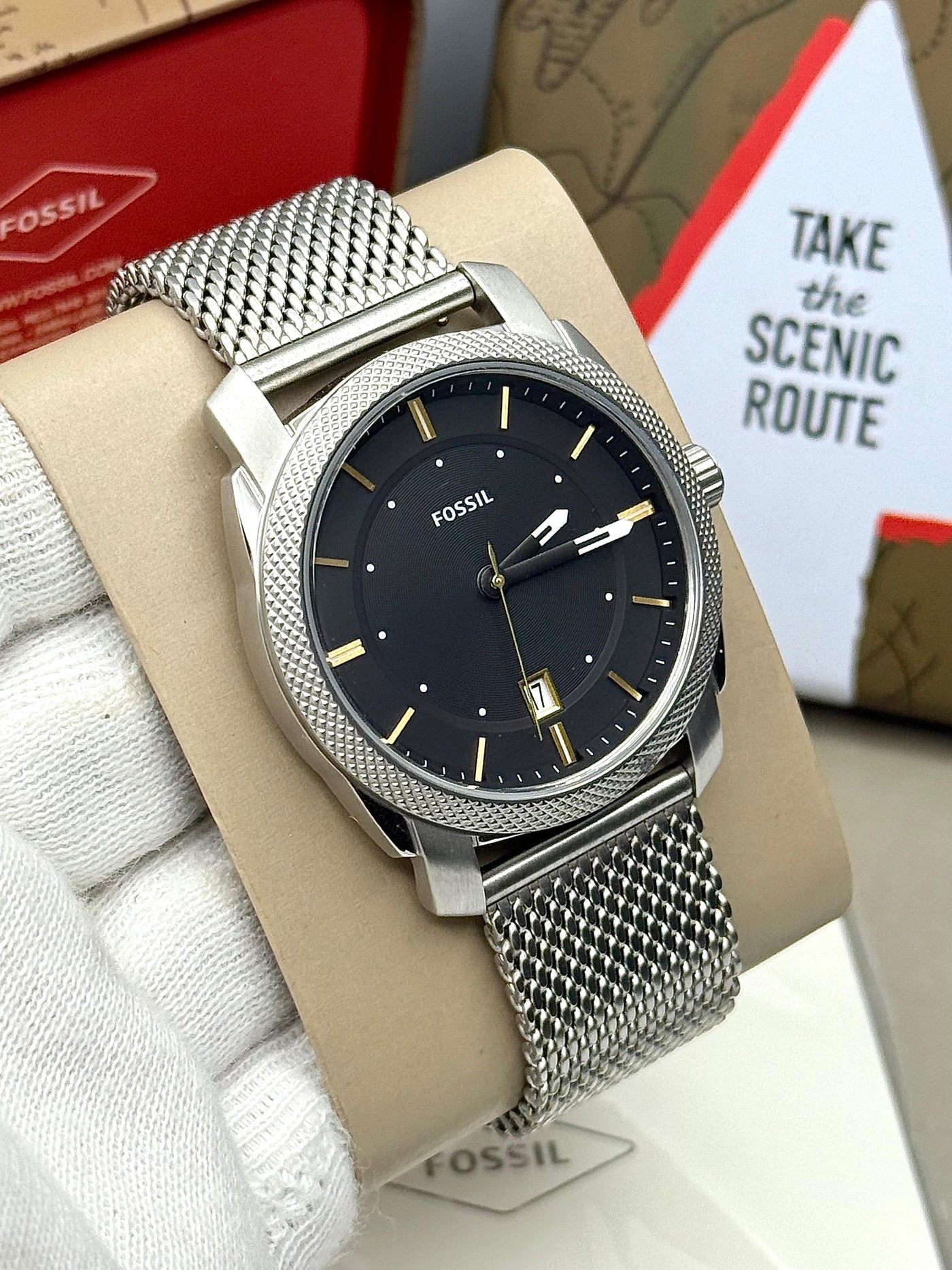🔲 Fossil Black Dial Three-Hand Date Stainless Steel Mesh Men's Watch