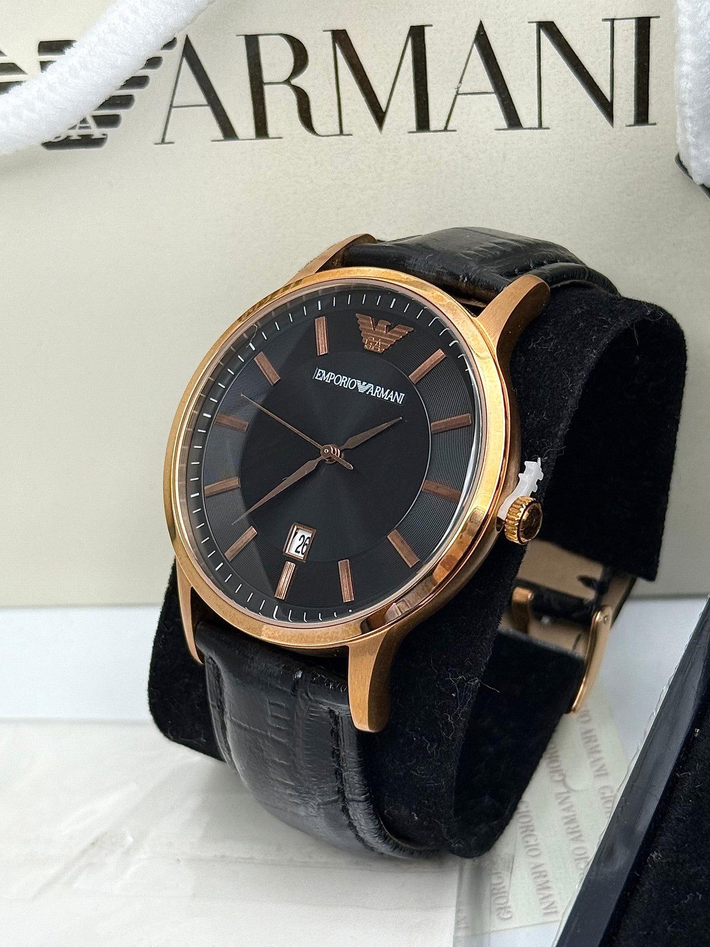 ⬛🟧 Emporio Armani Renato Quartz Black Dial Black Leather Strap Watch For Men - AR2425