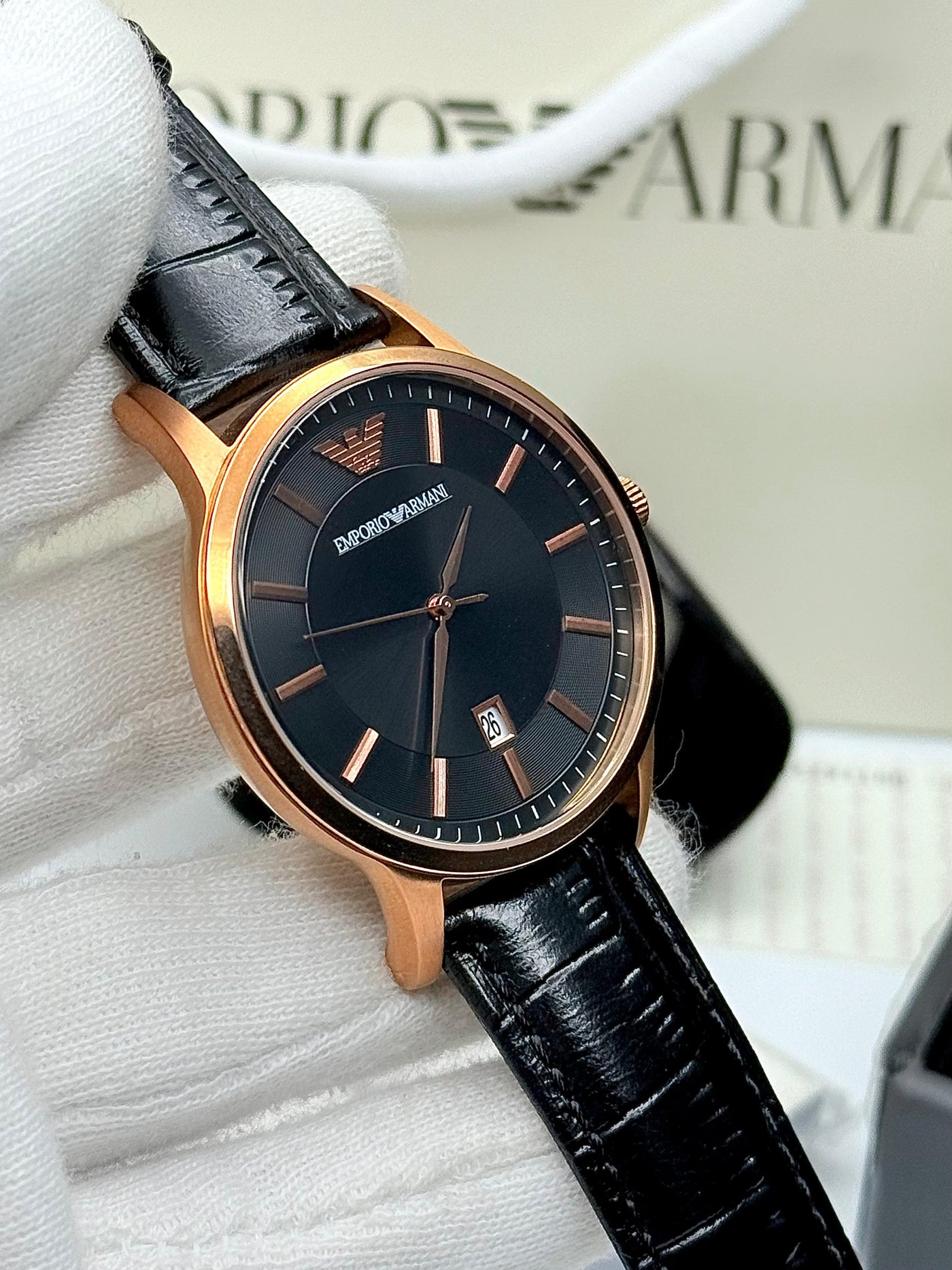 ⬛🟧 Emporio Armani Renato Quartz Black Dial Black Leather Strap Watch For Men - AR2425
