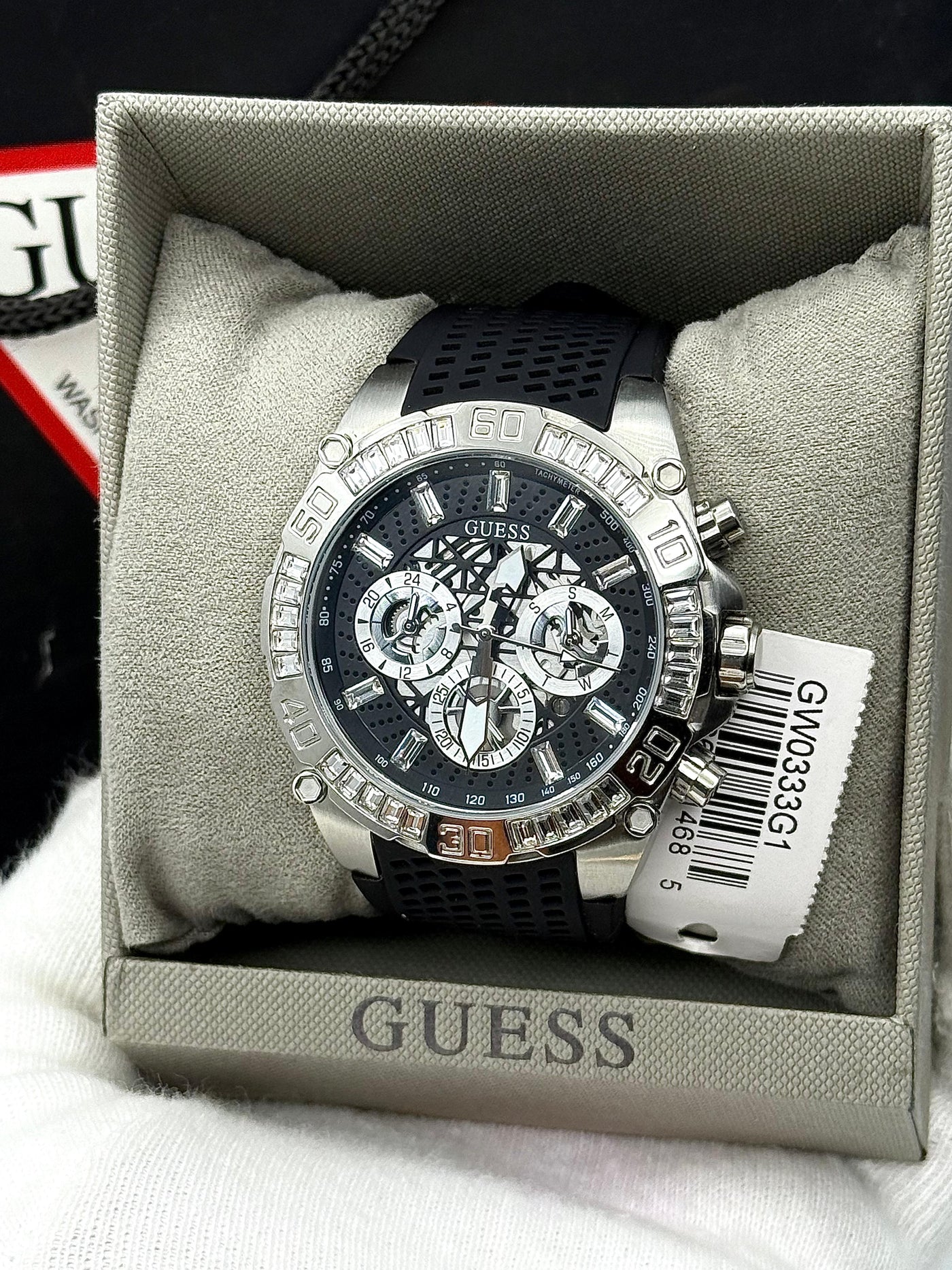 ⬛⬜ Guess Men's Silver Case with Crystals Black Multi-Function Dial Black Textured Silicone Strap Watch