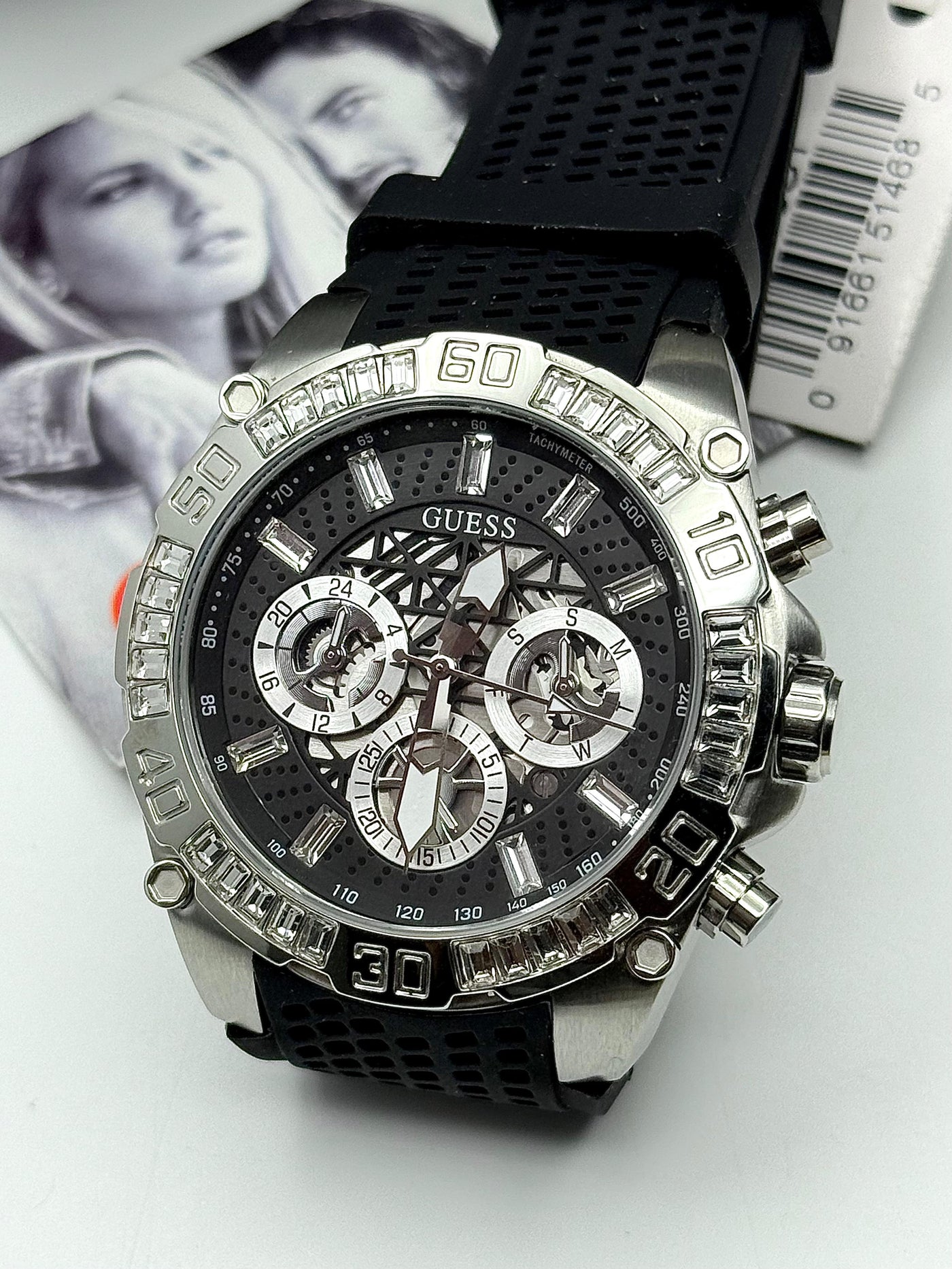 ⬛⬜ Guess Men's Silver Case with Crystals Black Multi-Function Dial Black Textured Silicone Strap Watch