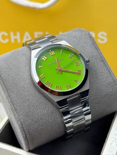 💚🧡 Michael Kors Lennox Three-Hand Silver-Tone Stainless Steel Watch