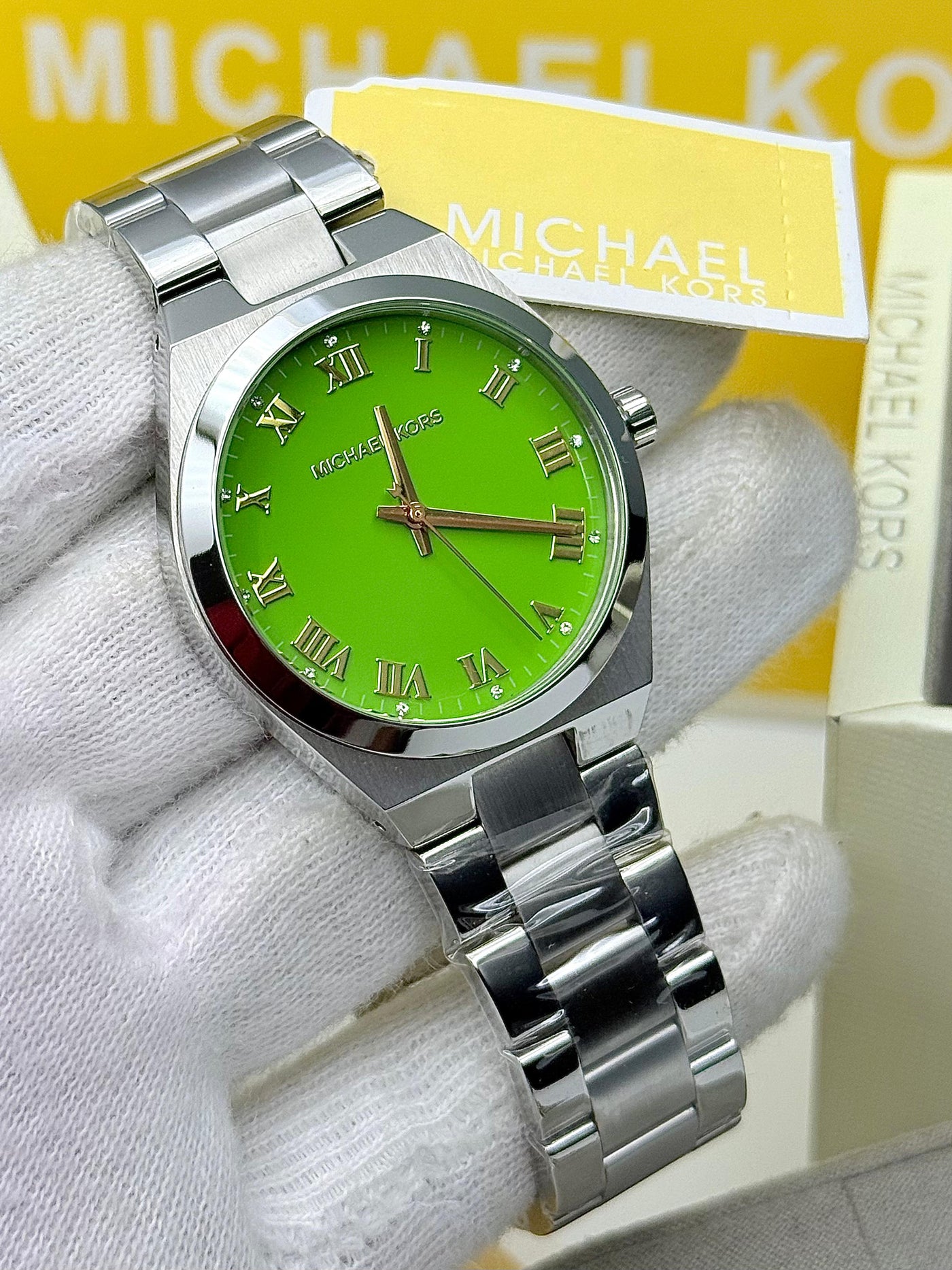 💚🧡 Michael Kors Lennox Three-Hand Silver-Tone Stainless Steel Watch