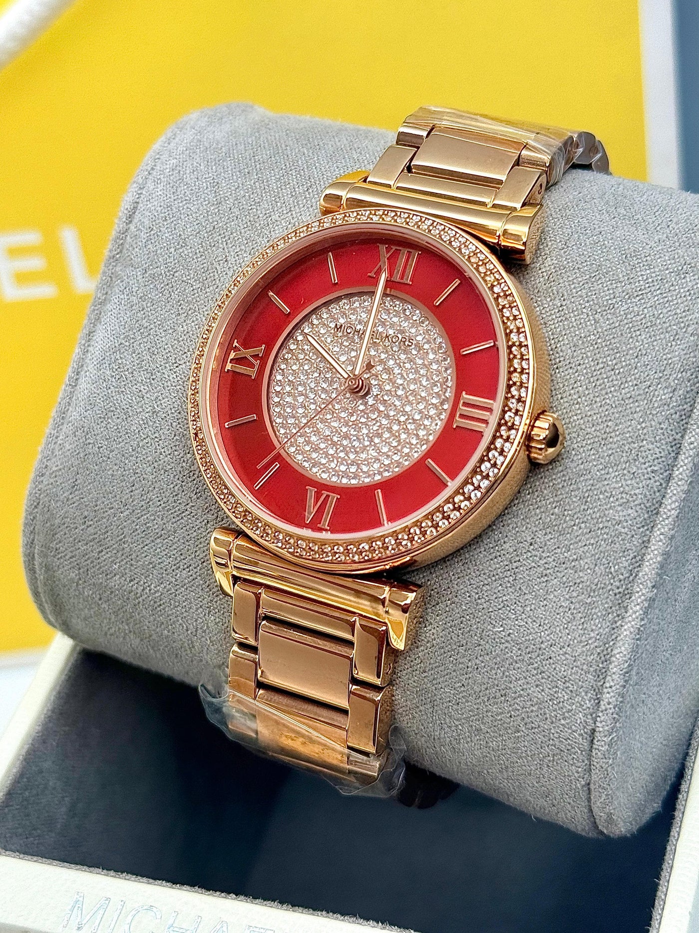 💓 MICHAEL KORS Caitlin Red Crystal-set Dial Rose Gold-plated Ladies Watch