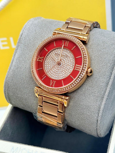 💓 MICHAEL KORS Caitlin Red Crystal-set Dial Rose Gold-plated Ladies Watch