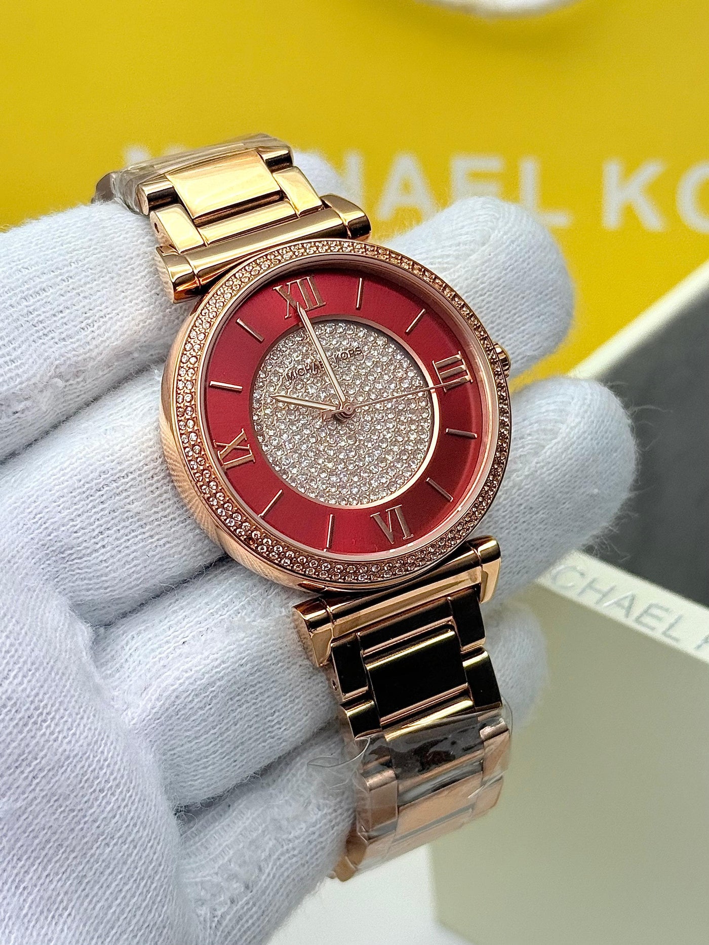 💓 MICHAEL KORS Caitlin Red Crystal-set Dial Rose Gold-plated Ladies Watch