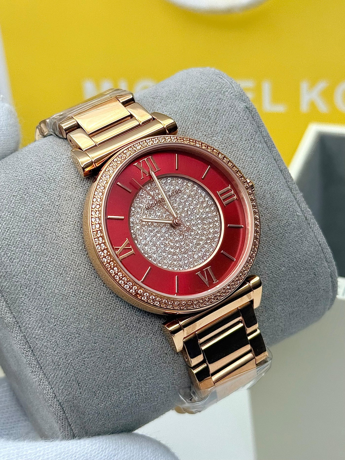 💓 MICHAEL KORS Caitlin Red Crystal-set Dial Rose Gold-plated Ladies Watch