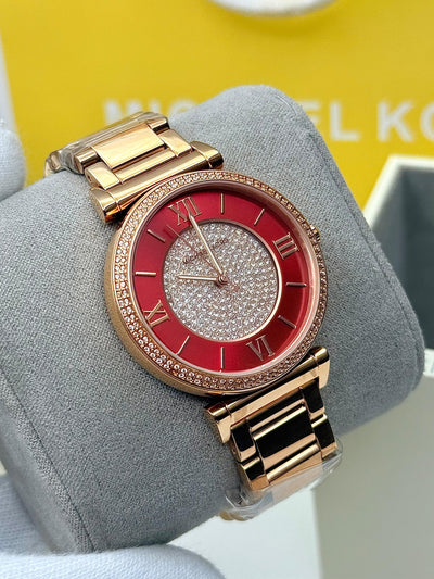 💓 MICHAEL KORS Caitlin Red Crystal-set Dial Rose Gold-plated Ladies Watch