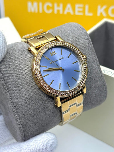 Michael Kors Corey Women’s Quartz Gold Tone Stainless Steel Blue Dial 38mm Watch MKO1048