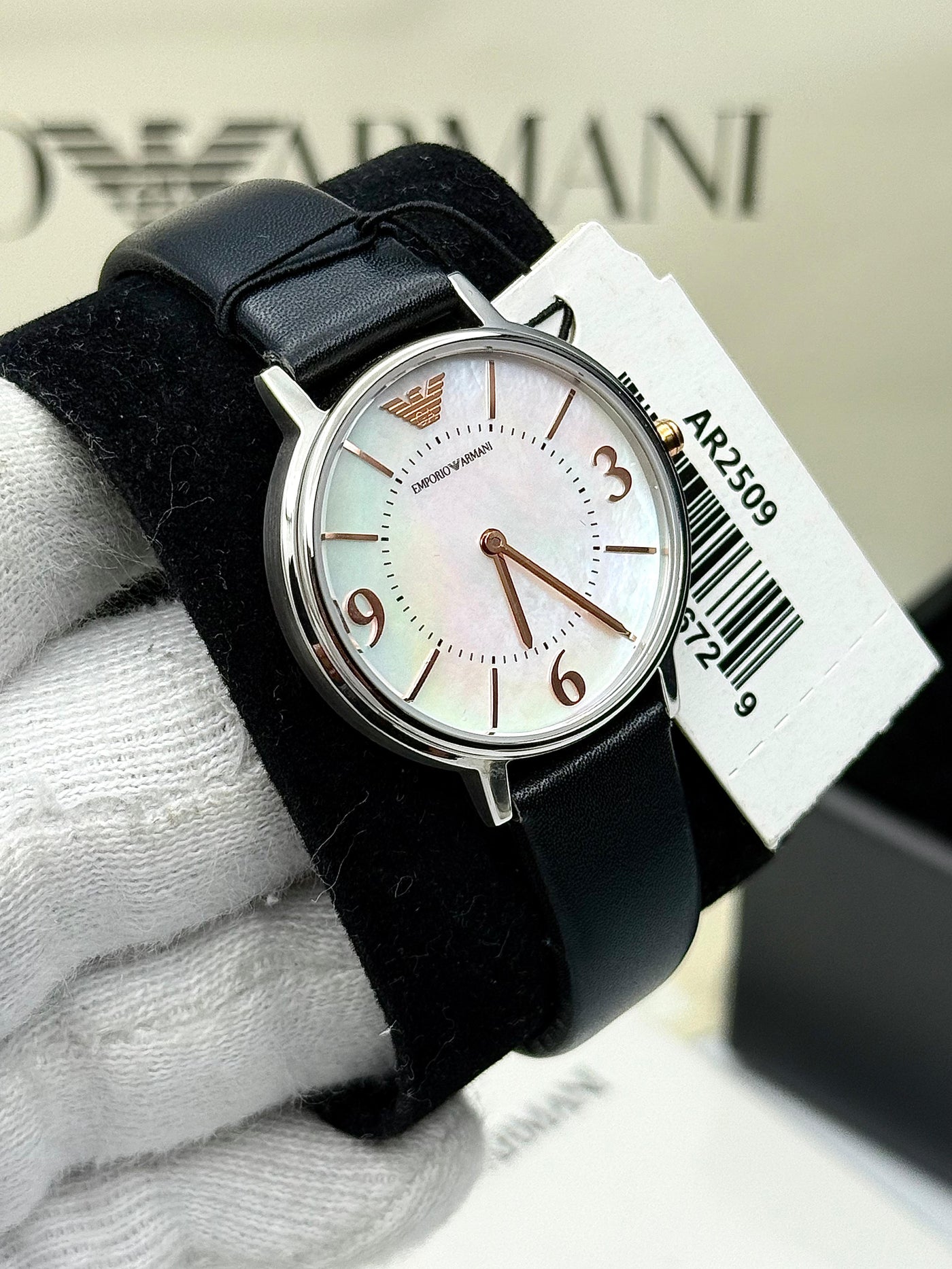 🖤🤍 EMPORIO ARMANI Black Leather Strap Silver Dial Quartz Watch for Ladies