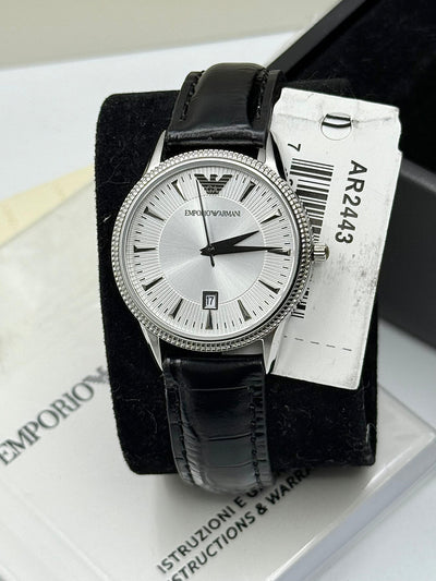 🖤🤍 EMPORIO ARMANI Classic Black Leather Strap Silver Dial Quartz Watch for Ladies