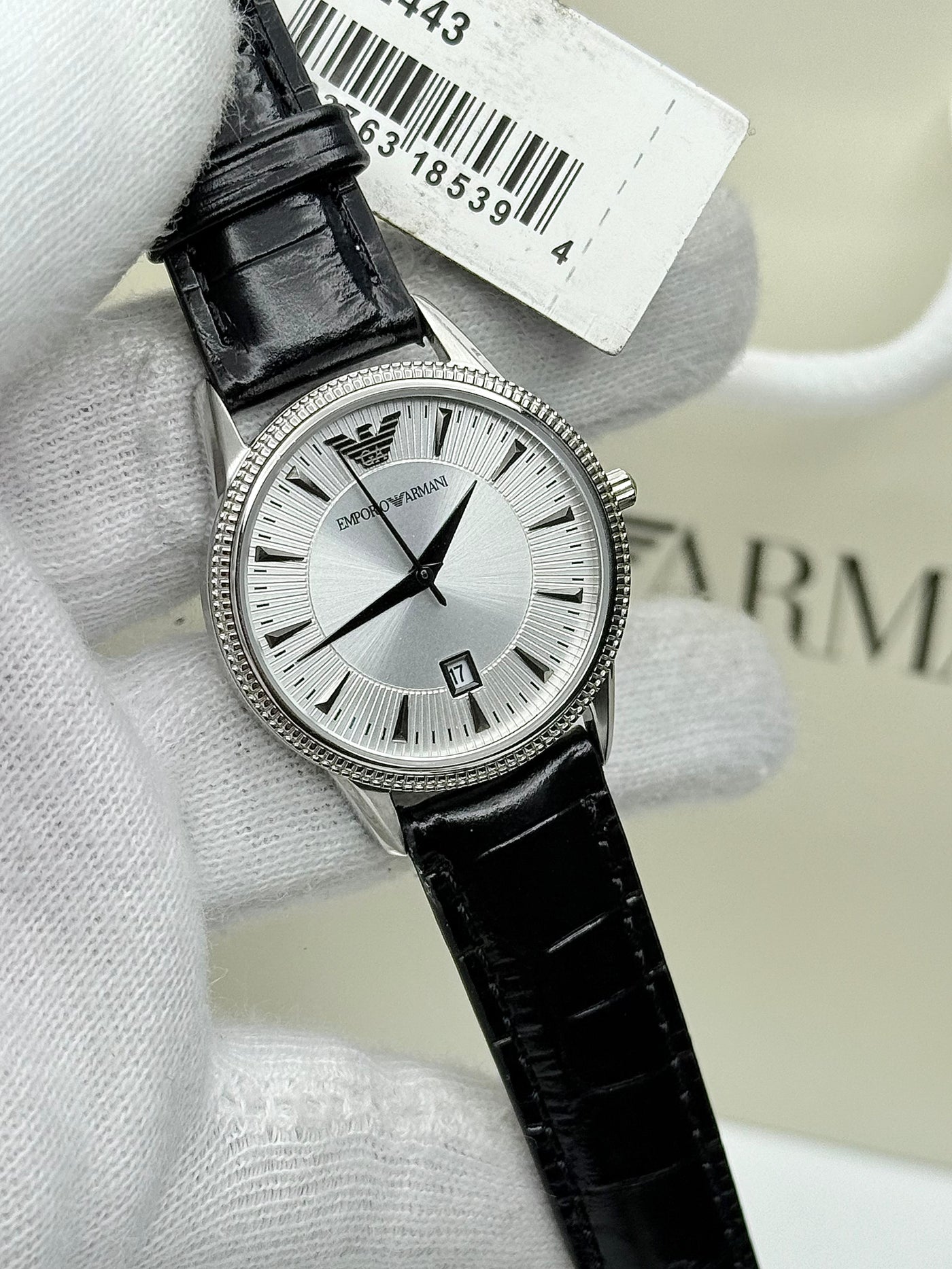 🖤🤍 EMPORIO ARMANI Classic Black Leather Strap Silver Dial Quartz Watch for Ladies