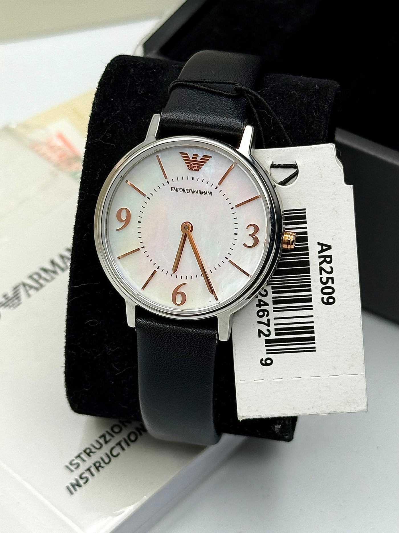 🖤🤍 EMPORIO ARMANI Black Leather Strap Silver Dial Quartz Watch for Ladies