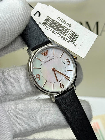 🖤🤍 EMPORIO ARMANI Black Leather Strap Silver Dial Quartz Watch for Ladies