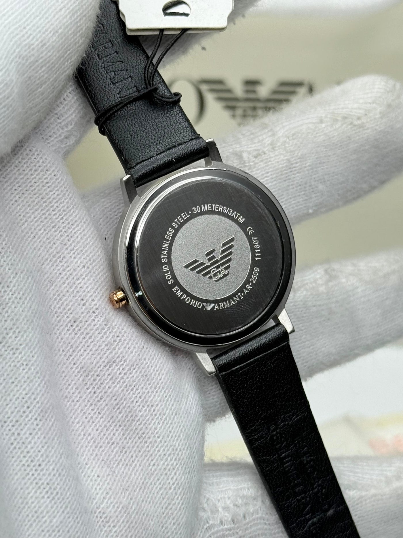 🖤🤍 EMPORIO ARMANI Black Leather Strap Silver Dial Quartz Watch for Ladies