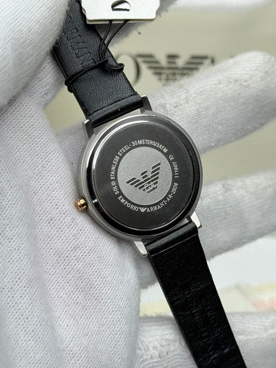 🖤🤍 EMPORIO ARMANI Black Leather Strap Silver Dial Quartz Watch for Ladies