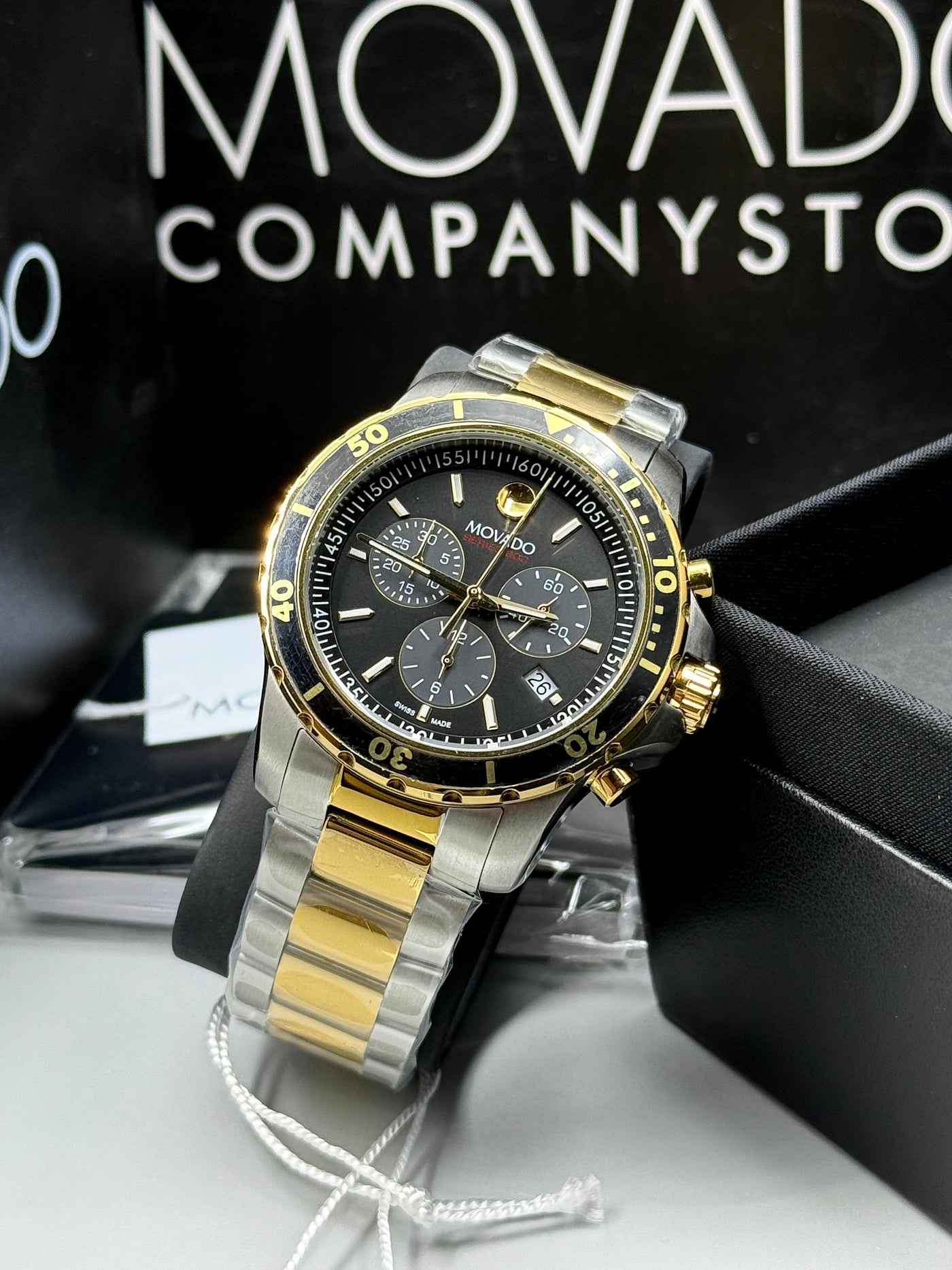 ⬛🟨Movado Series 800 Yellow Gold PVD-Finished Case, Black Chronograph Dial Men's Watch